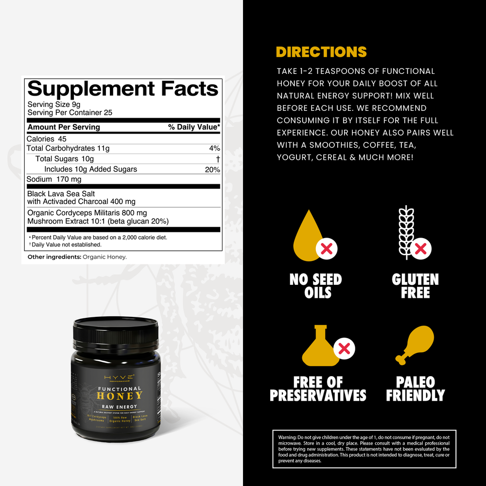 HYVE Performance - 8oz Raw Energy Functional Honey Jar - Cordyceps & Volcanic Sea Salt