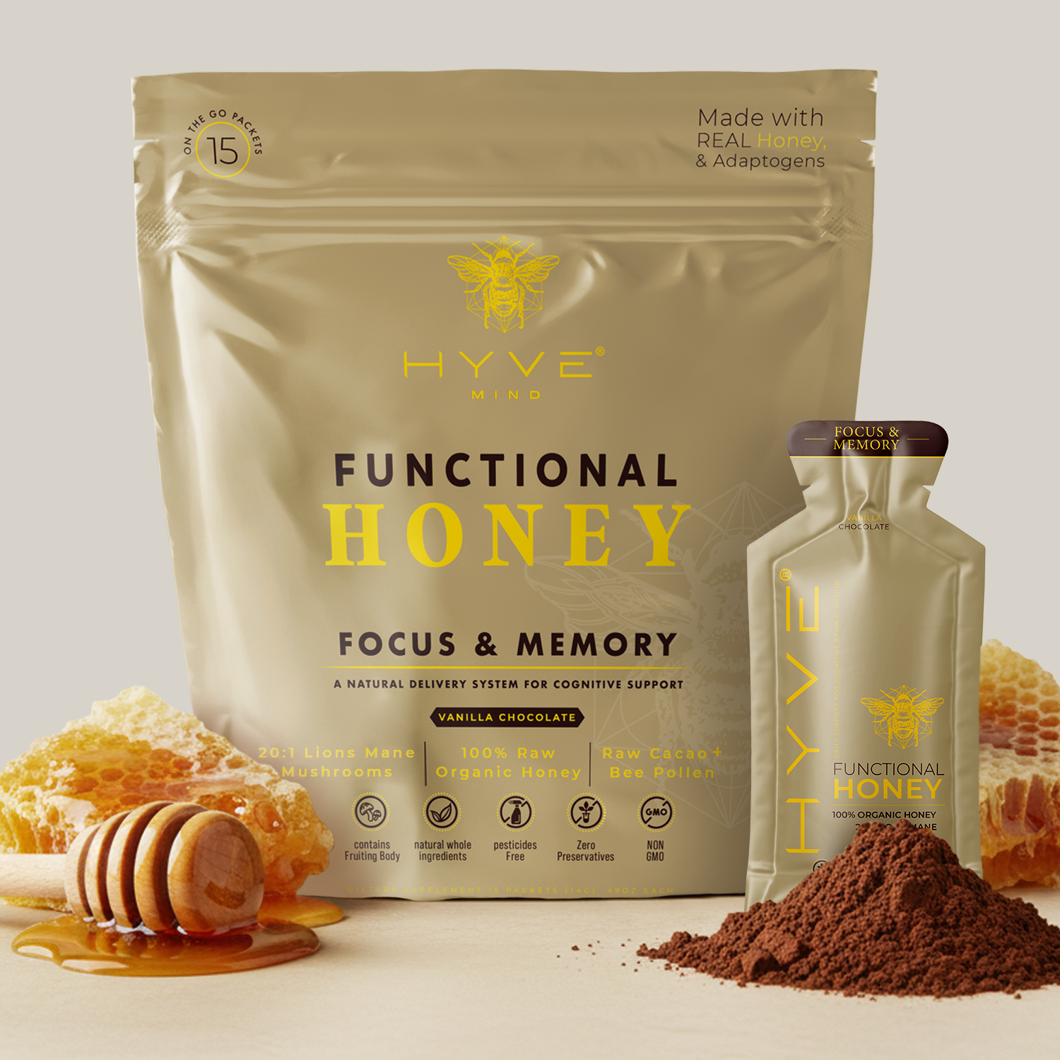 HYVE Mind - Focus & Memory Functional Honey 15 Packets - Lions Mane & Cacao + Bee Pollen