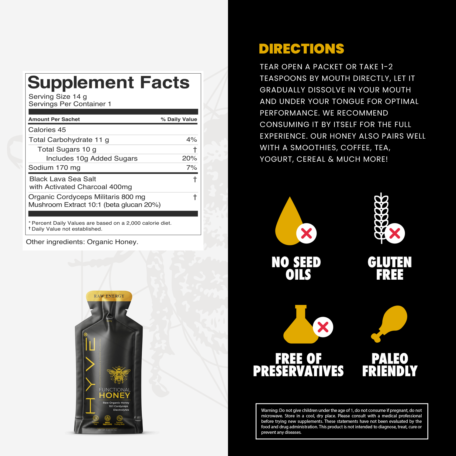 HYVE Performance - Raw Energy Functional Honey 15 Packets - Cordyceps & Volcanic Sea Salt